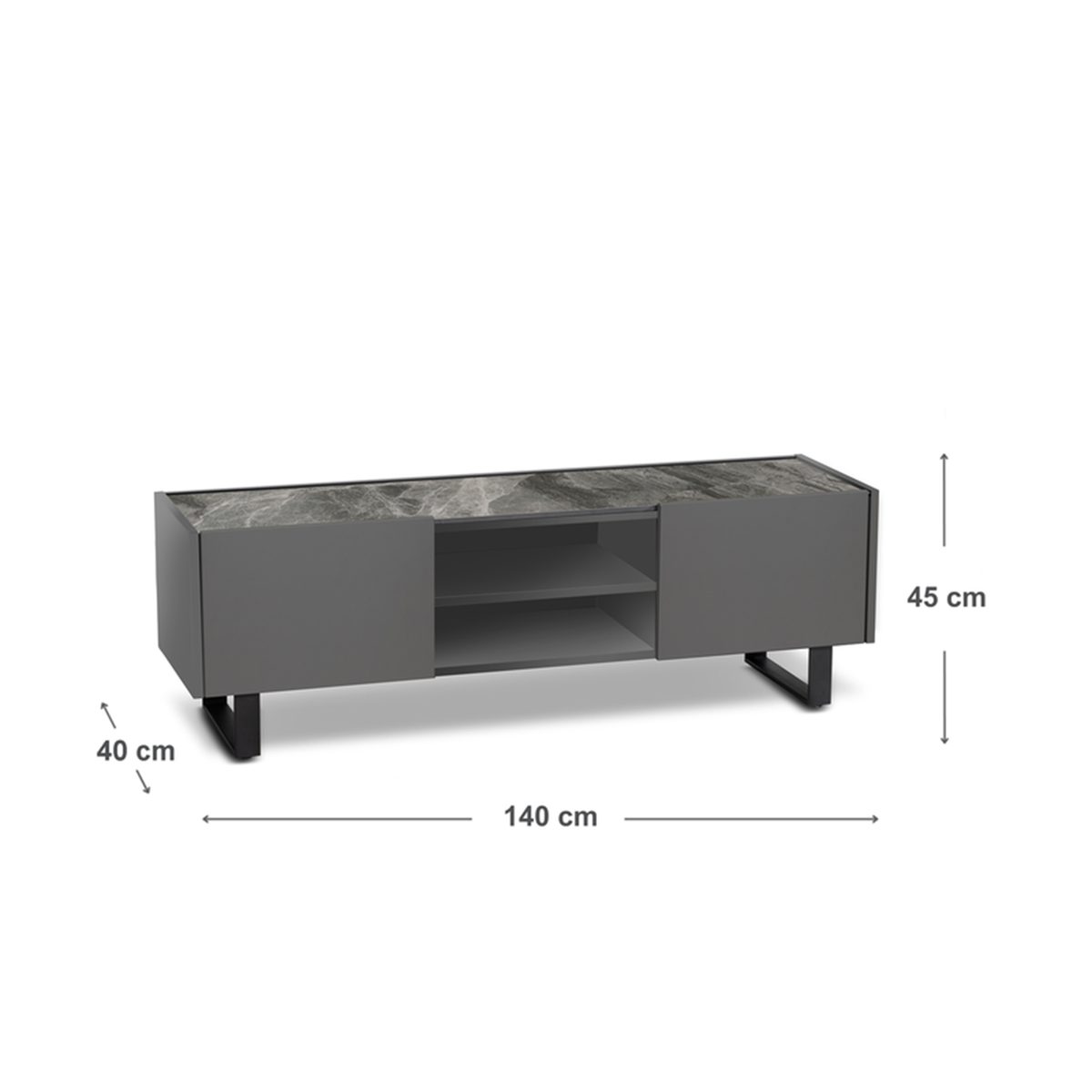 Mobile porta tv "Théo" con piano in ceramica 2 ante e 2 vani a giorno cm 140x40 45h