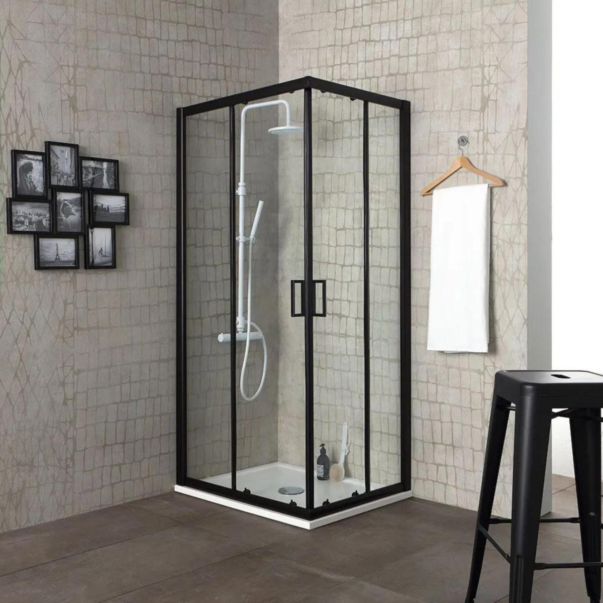 Box doccia quadrato "Cielo" in vetro trasparente con profilo nero opaco h 190 cm - MondoViro
