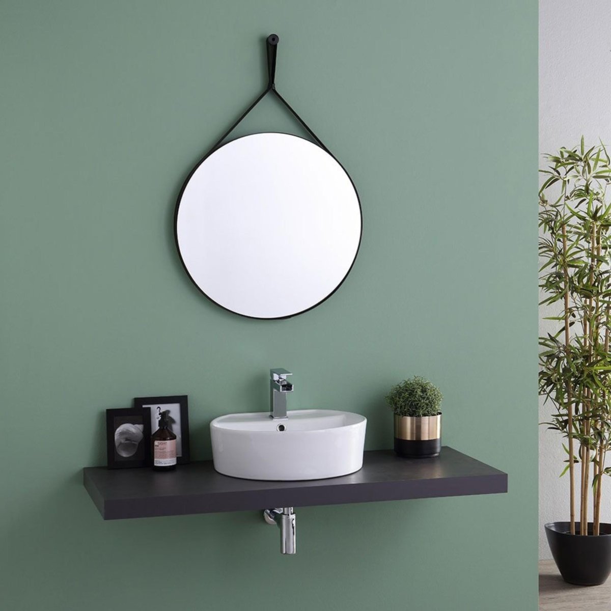 Specchio rotondo da bagno "Hillsboro" cornice con laccio in pelle nera cm 60x90 - MondoViro