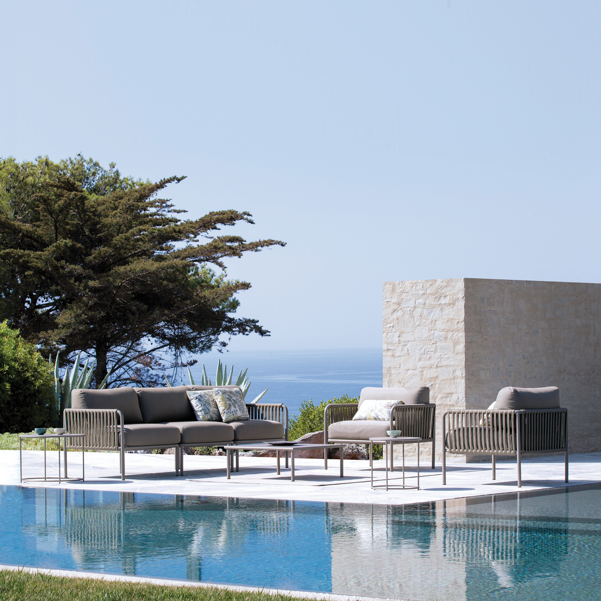 Divano modulo singolo con schienale in corda "Key West" con cuscini cm 80x80 64h
