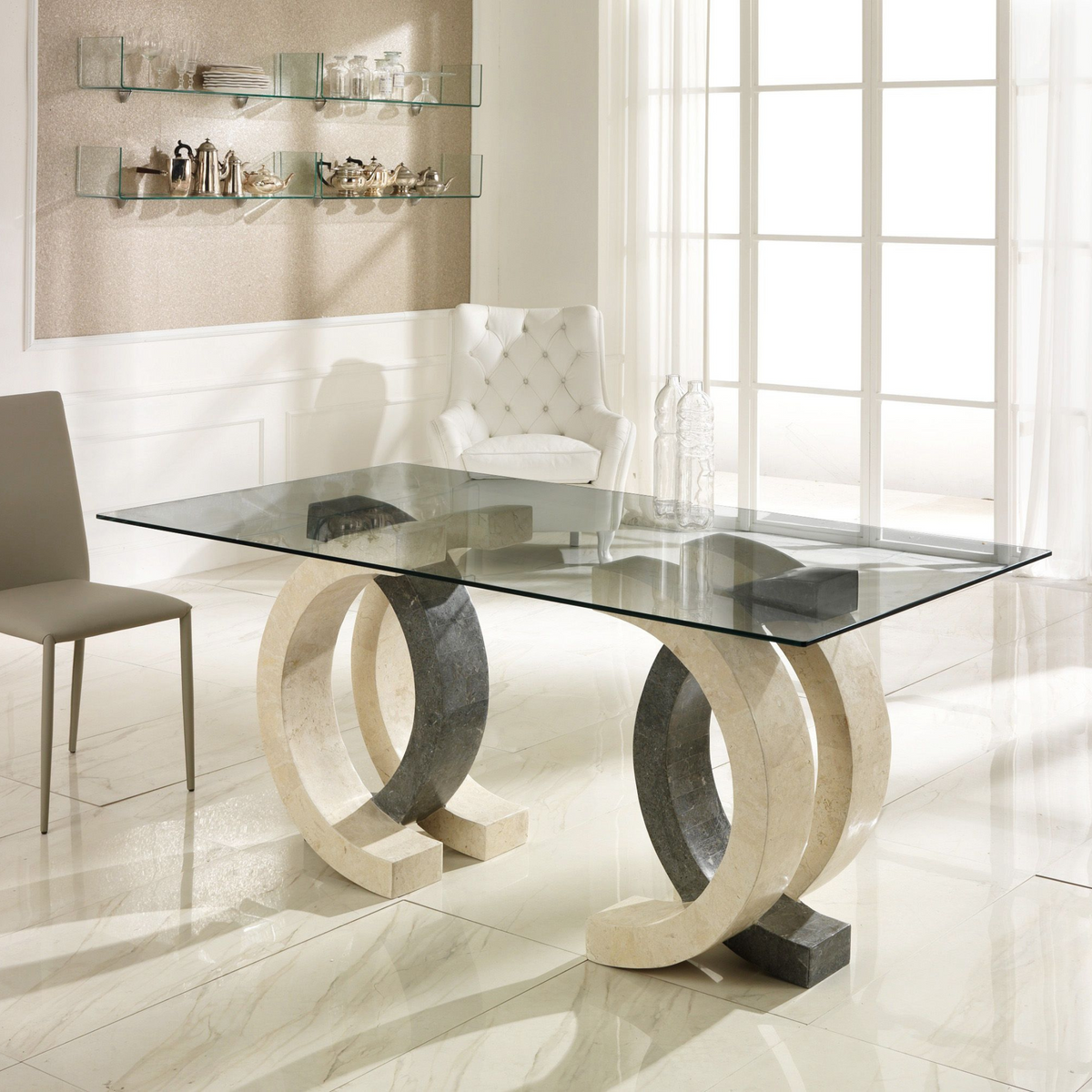Tavolo da pranzo in pietra "Coco" top in vetro temperato cm 180x100 76h