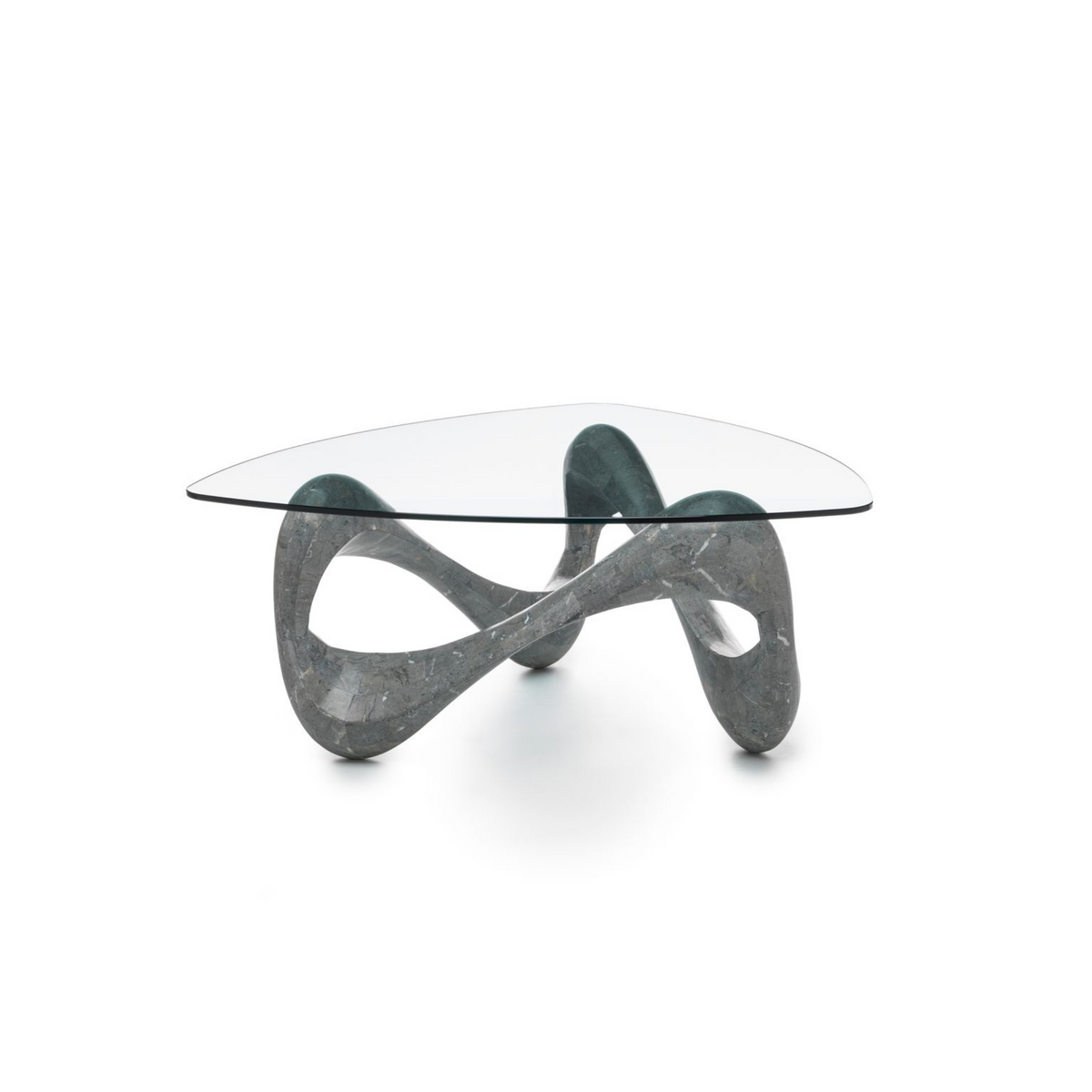 Tavolino basso in pietra fossile "Scarf" top in vetro temperato cm 100x100 42,5h