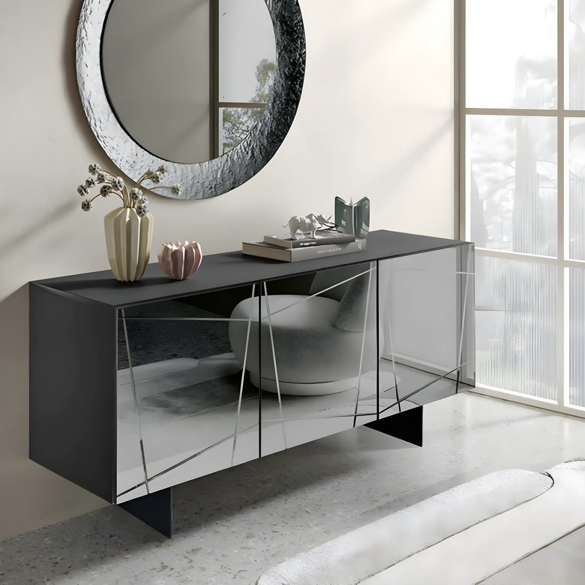 Madia moderna già assemblata in legno "Conty" 3 ante specchio cm 180x50 h80