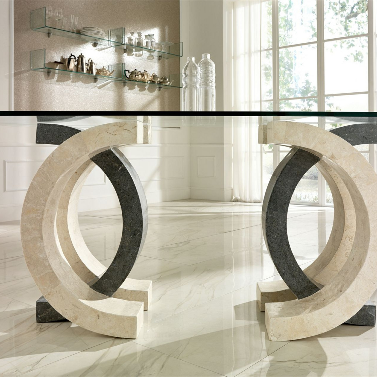 Tavolo da pranzo in pietra "Coco" top in vetro temperato cm 180x100 76h