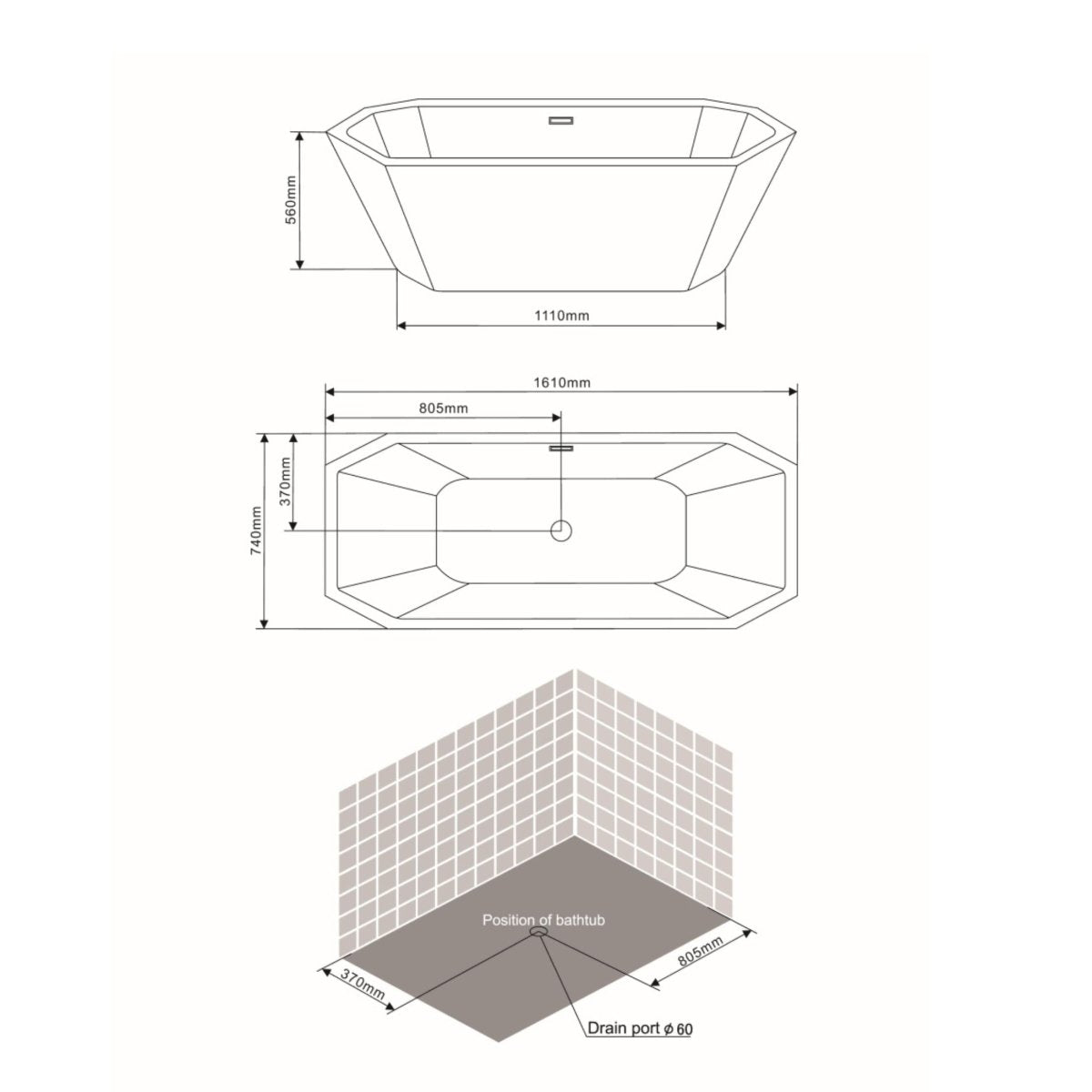 Vasca da bagno ottagonale autoportante "Beatrice" in acrilico bianco cm 161x74 56h - MondoViro