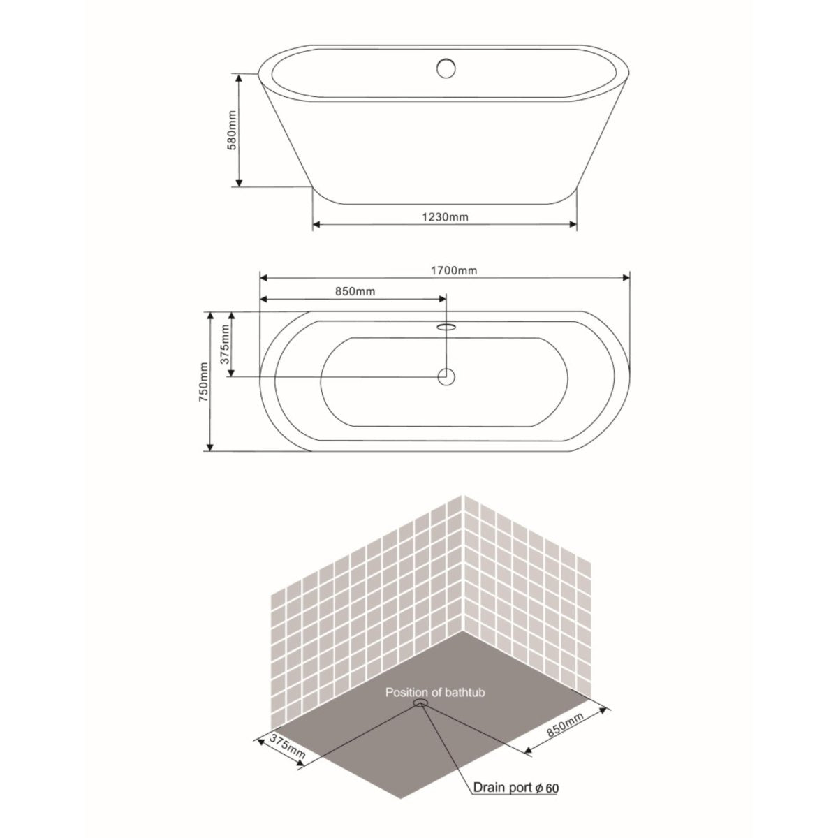 Vasca da bagno freestanding "Camilla" in acrilico bianco cm 170x75 56h - MondoViro