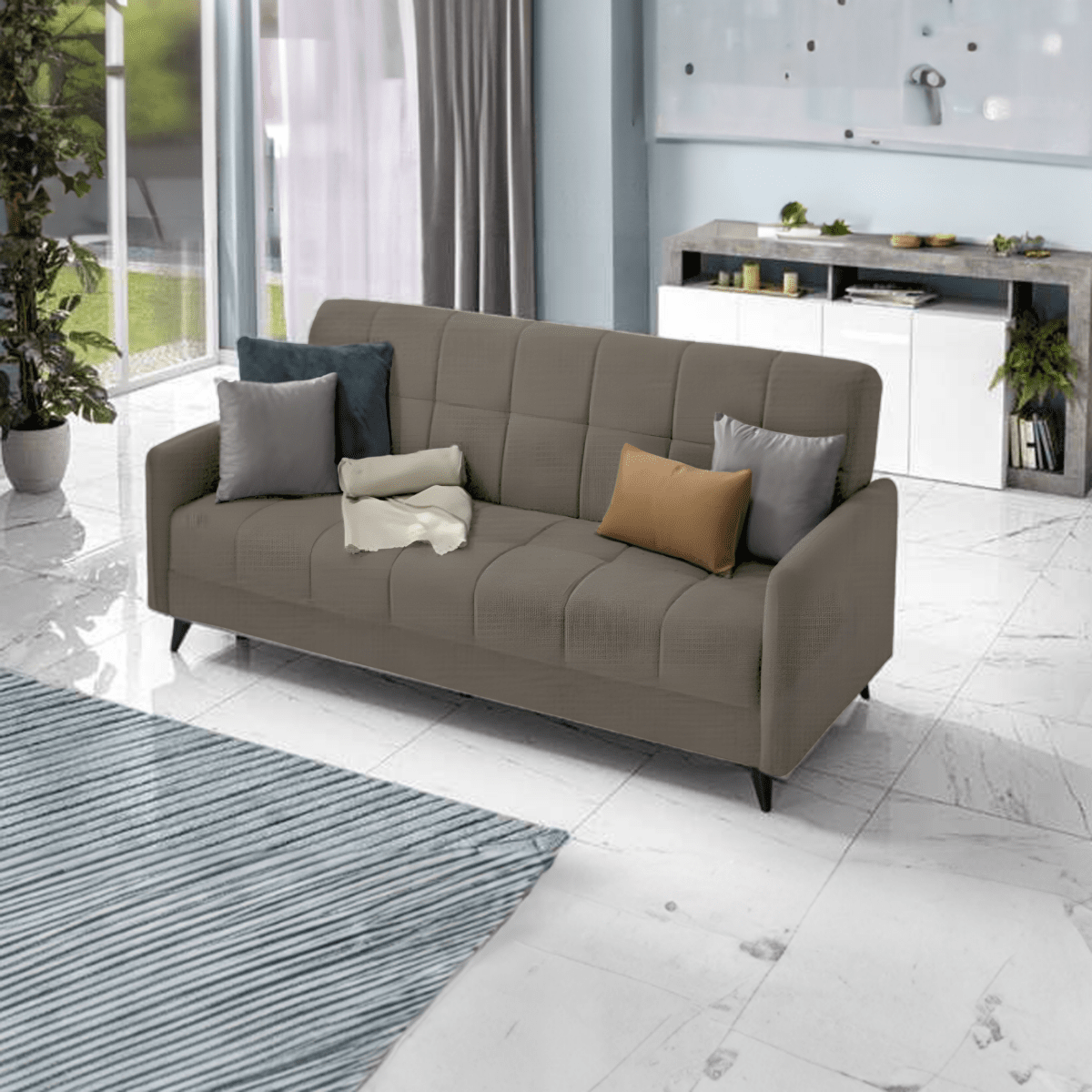 Divano letto a 3 posti contenitore "Santi Bacos" in velluto con 2 cuscini cm 211x92 98h - MondoViro