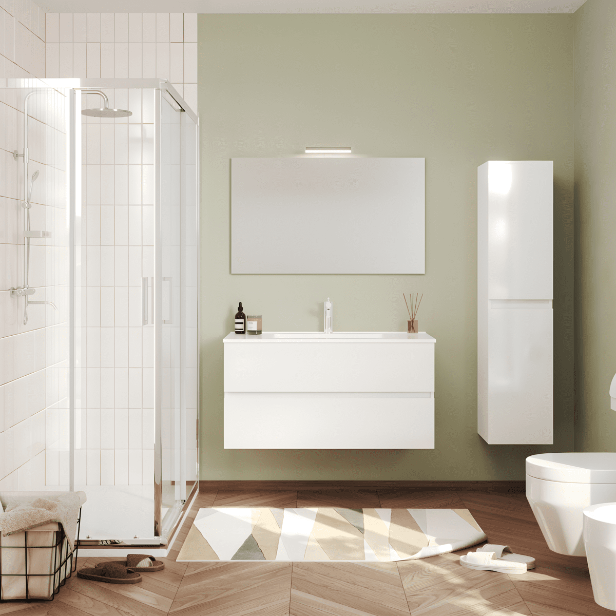 Mobili da bagno sospeso moderno "Tara" con 2 cassetti , lavabo da incasso e specchio LED - MondoViro