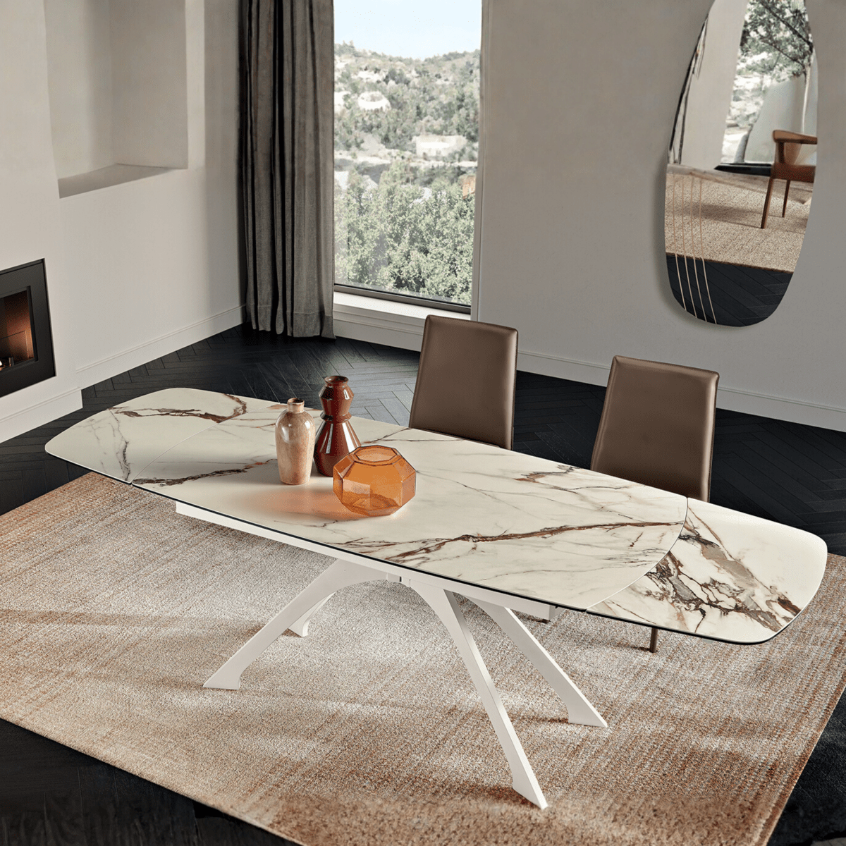 Tavolo allungabile da pranzo "Nido" con piano in grès effetto marmo cm 160/240x90 77h - MondoViro