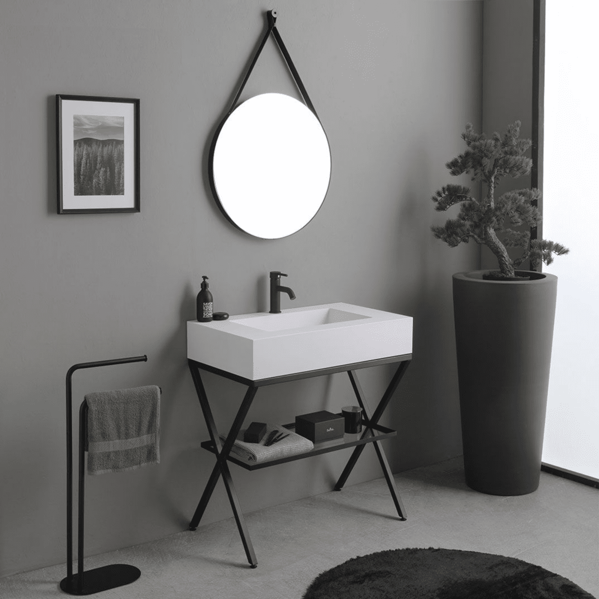 Mobile bagno a terra "Cancún" 80 cm con il lavabo in resina bianco e specchio rotondo con laccio in pelle - MondoViro