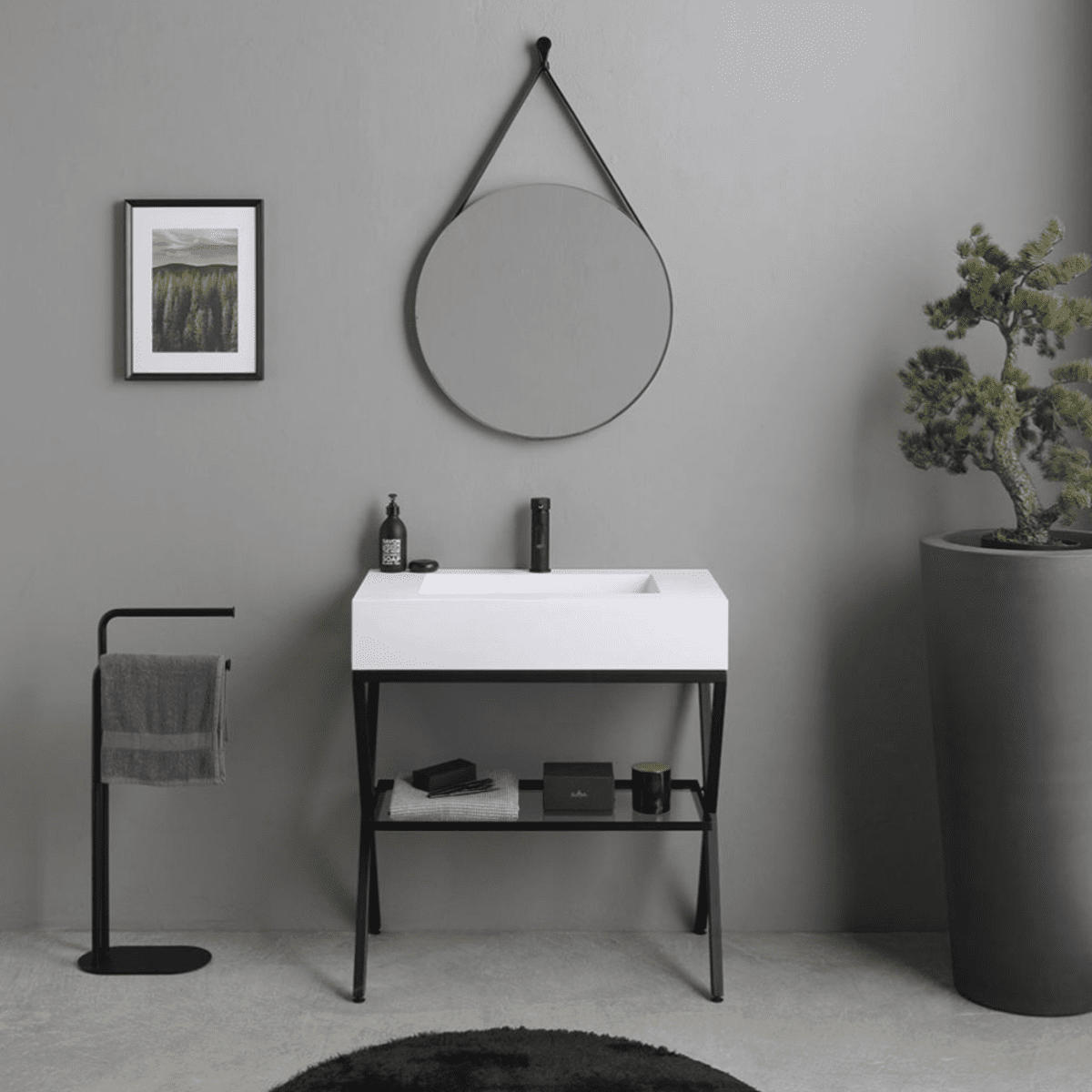 Mobile bagno a terra "Cancún" 80 cm con il lavabo in resina bianco e specchio rotondo con laccio in pelle - MondoViro