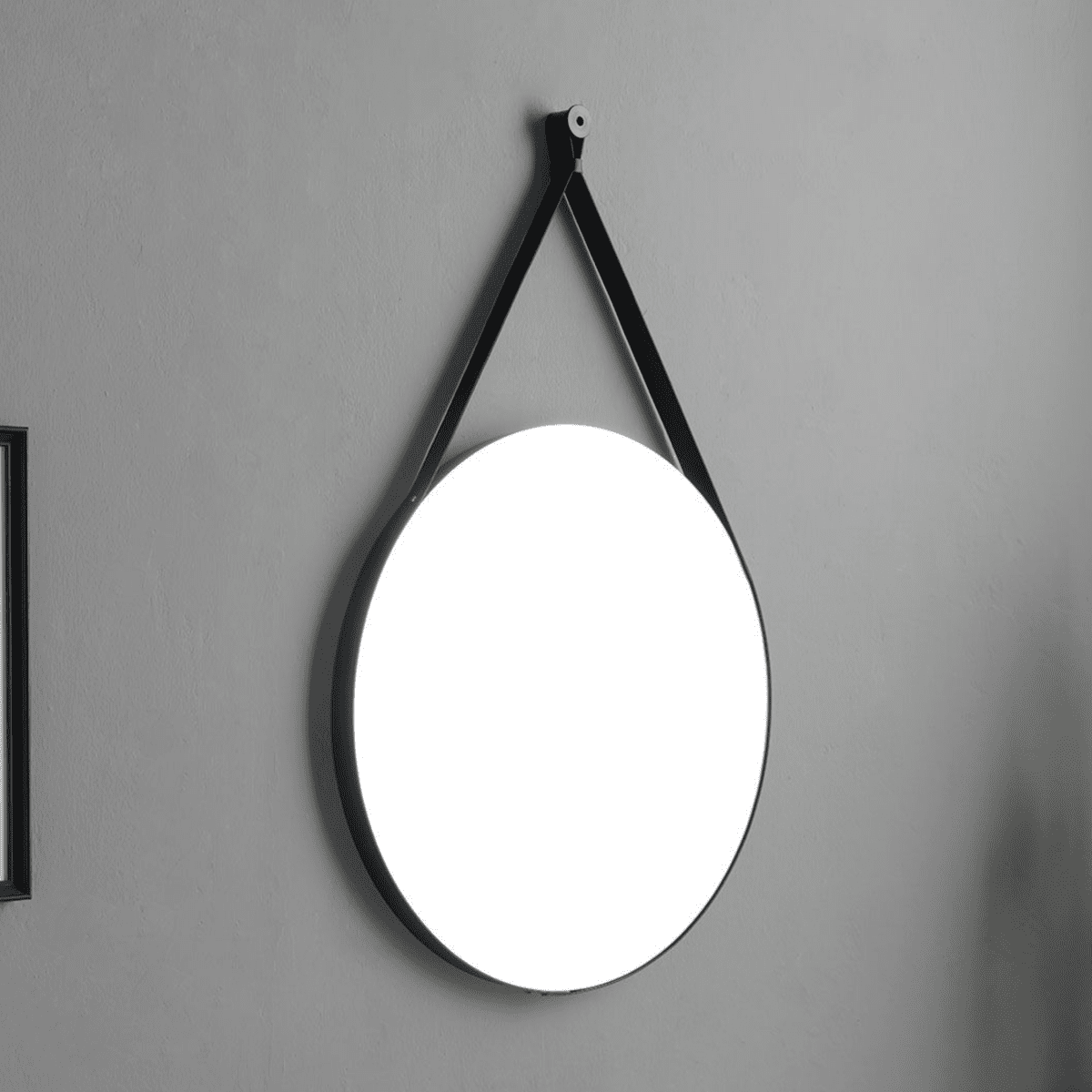 Mobile bagno a terra "Cancún" 80 cm con il lavabo in resina bianco e specchio rotondo con laccio in pelle - MondoViro