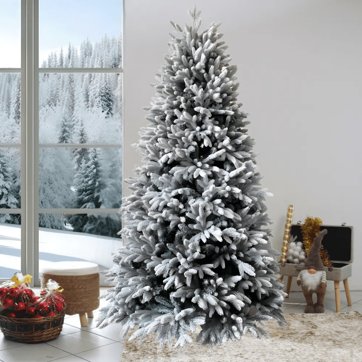 Albero di Natale innevato slim "Cometa" moderno in PE effetto Real Touch + Flock - MondoViro