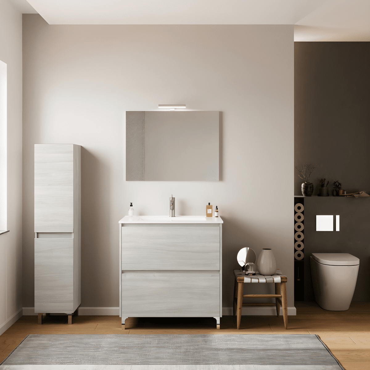 Mobile da bagno moderno "Elo" in legno con lavabo integrato e specchio LED - MondoViro