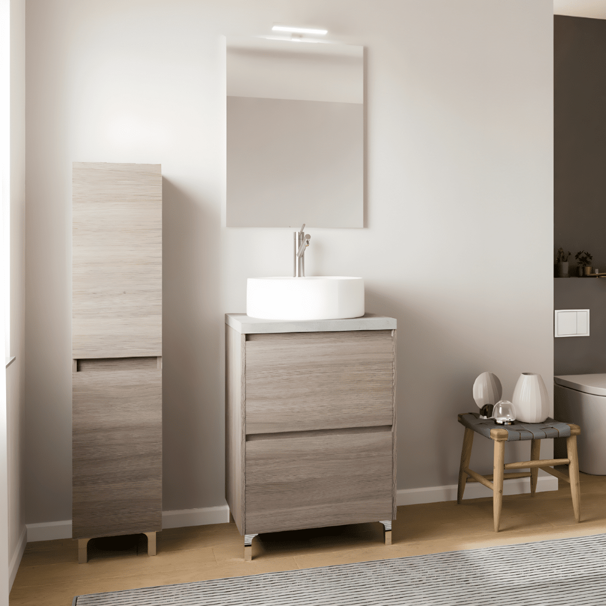 Mobile da bagno moderno in legno "Elorin" con top specchio LED e lavabo da appoggio - MondoViro