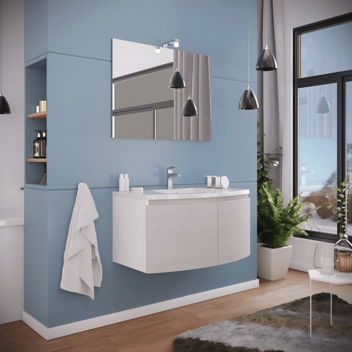 Mobile sospeso da bagno "Ettore" a 2 ante con specchio LED e lavabo in ceramica cm 80x49 42h - MondoViro