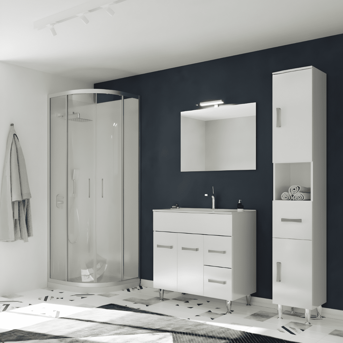 Mobile da bagno "Elendir" con lavabo in ceramica integrato maniglie piedini cromati - MondoViro