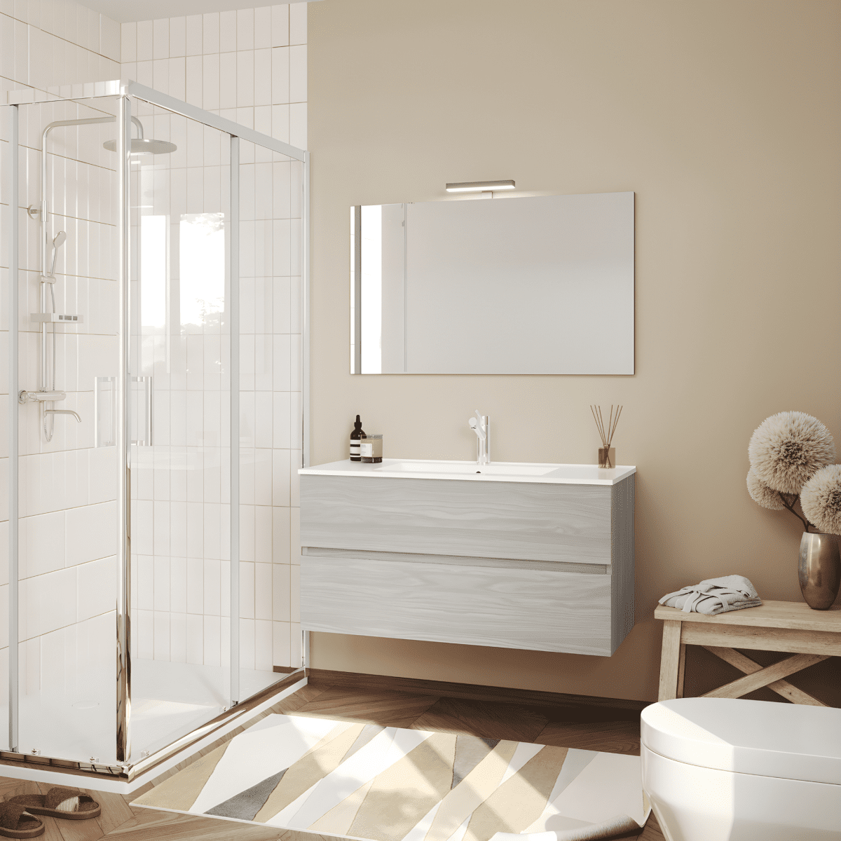 Mobili da bagno sospeso moderno "Tara" con 2 cassetti , lavabo da incasso e specchio LED - MondoViro