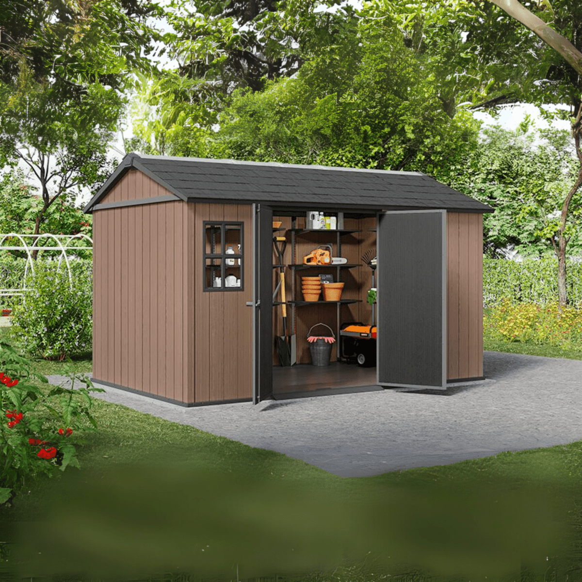 Casetta da giardino "Nido Plus 7513/1375" evotech marrone con doppia opzione di montaggio - MondoViro