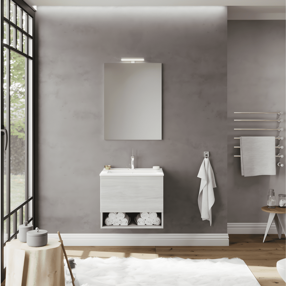 Mobile da bagno sospeso "Lunaris4" con vano contenitore lavabo integrato e specchio LED - MondoViro
