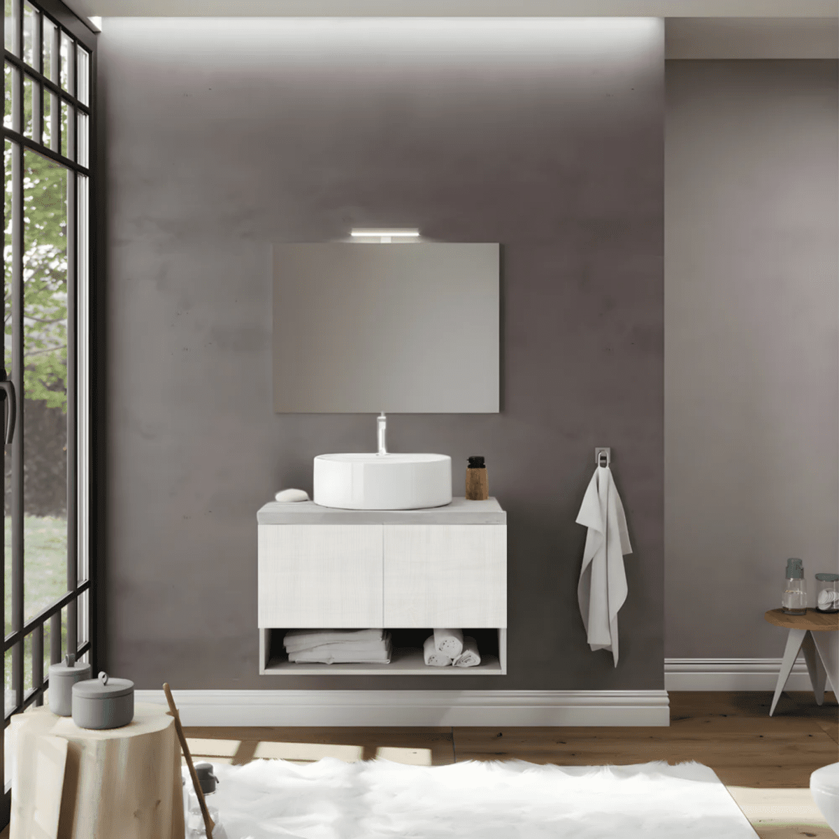 Mobile da bagno sospeso "Lunaris1" con lavabo da appoggio 2 ante e base con specchio LED - MondoViro