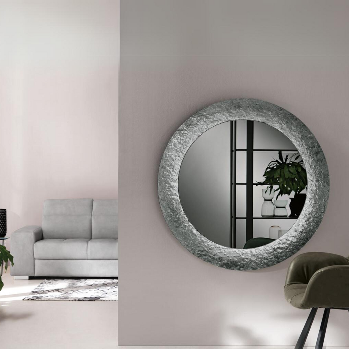 Specchio moderno da parete "Blake" tondo con cornice in vetro effetto martellato