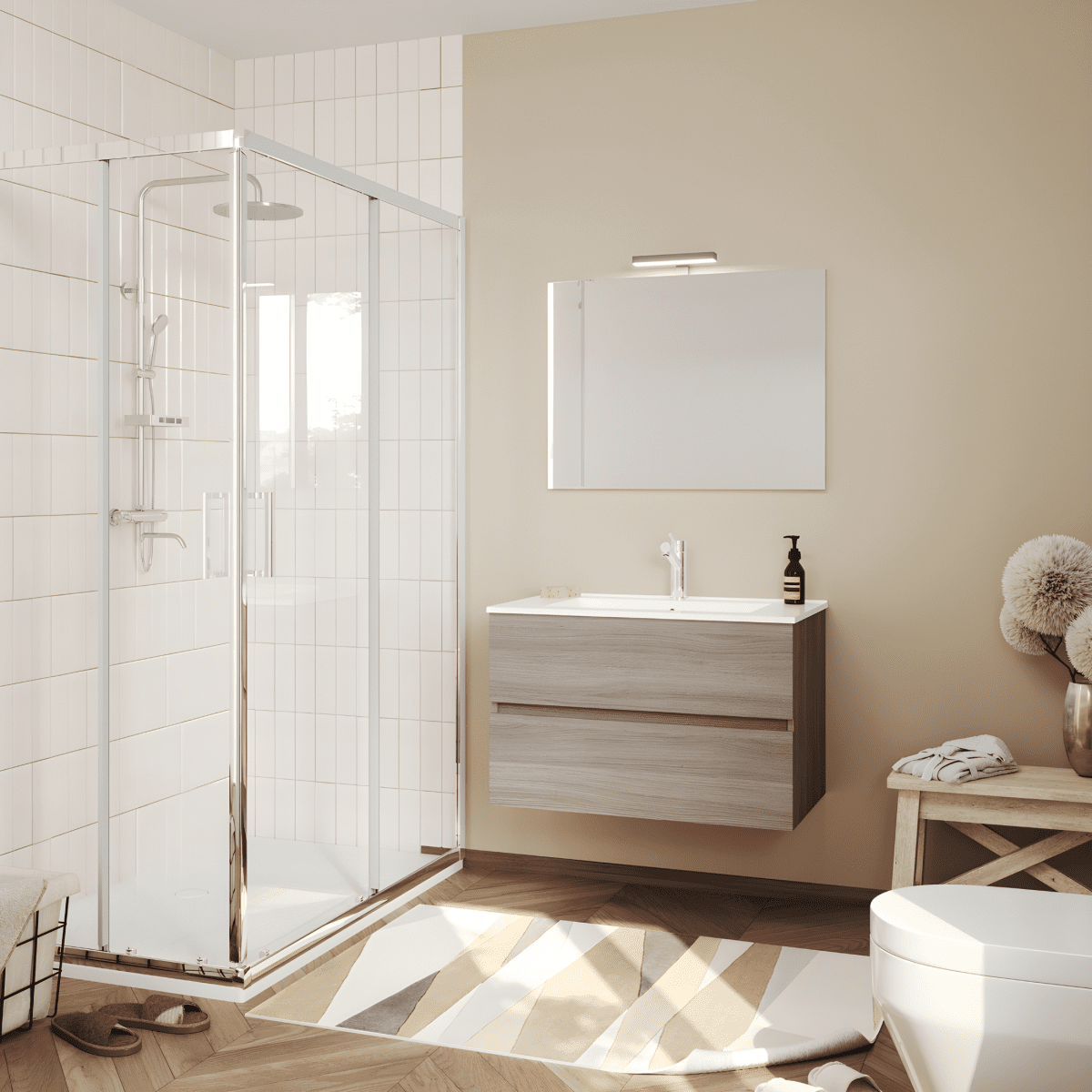 Mobili da bagno sospeso moderno "Tara" con 2 cassetti , lavabo da incasso e specchio LED - MondoViro
