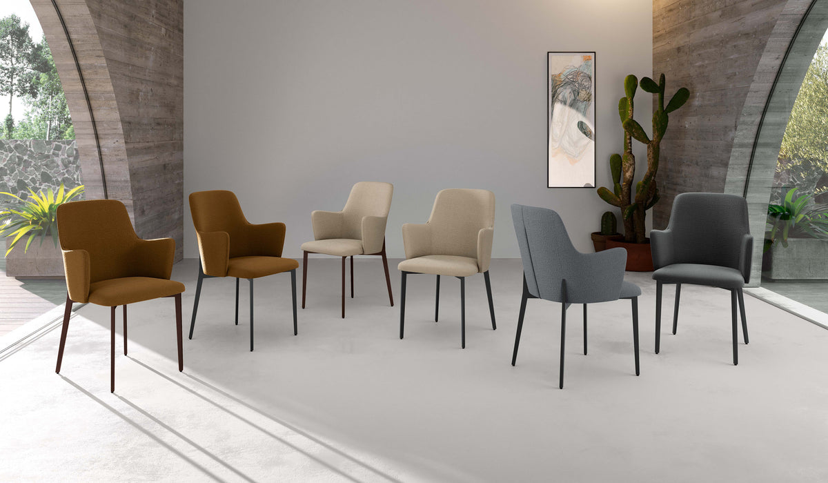 Set di 4 sedie in tessuto "Bloc" con braccioli e struttura in metallo verniciato bronzo