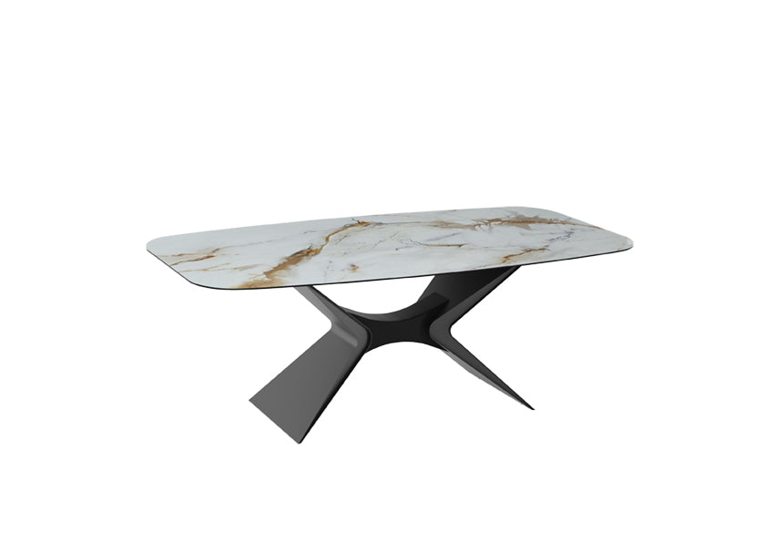 Tavolo fisso "Atlante" con top lucido in ceramica su vetro con struttura in metallo verniciato