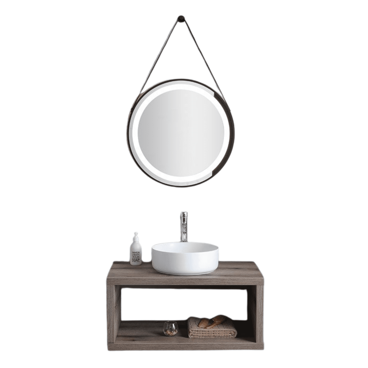 Mobile da bagno sospeso "Paros" 80 cm rovere fossile con lavabo tondo bianco e specchio - MondoViro
