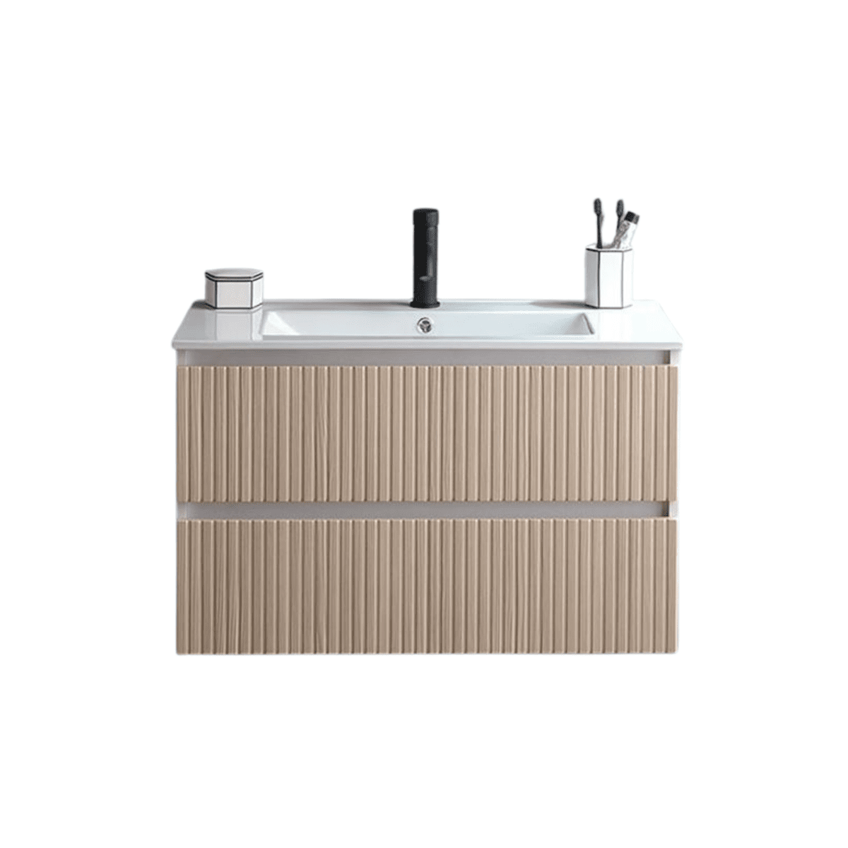 Mobile bagno "Santorini" sospeso 80 cm bianco e rovere con frontale cannettato e lavabo in ceramica - MondoViro