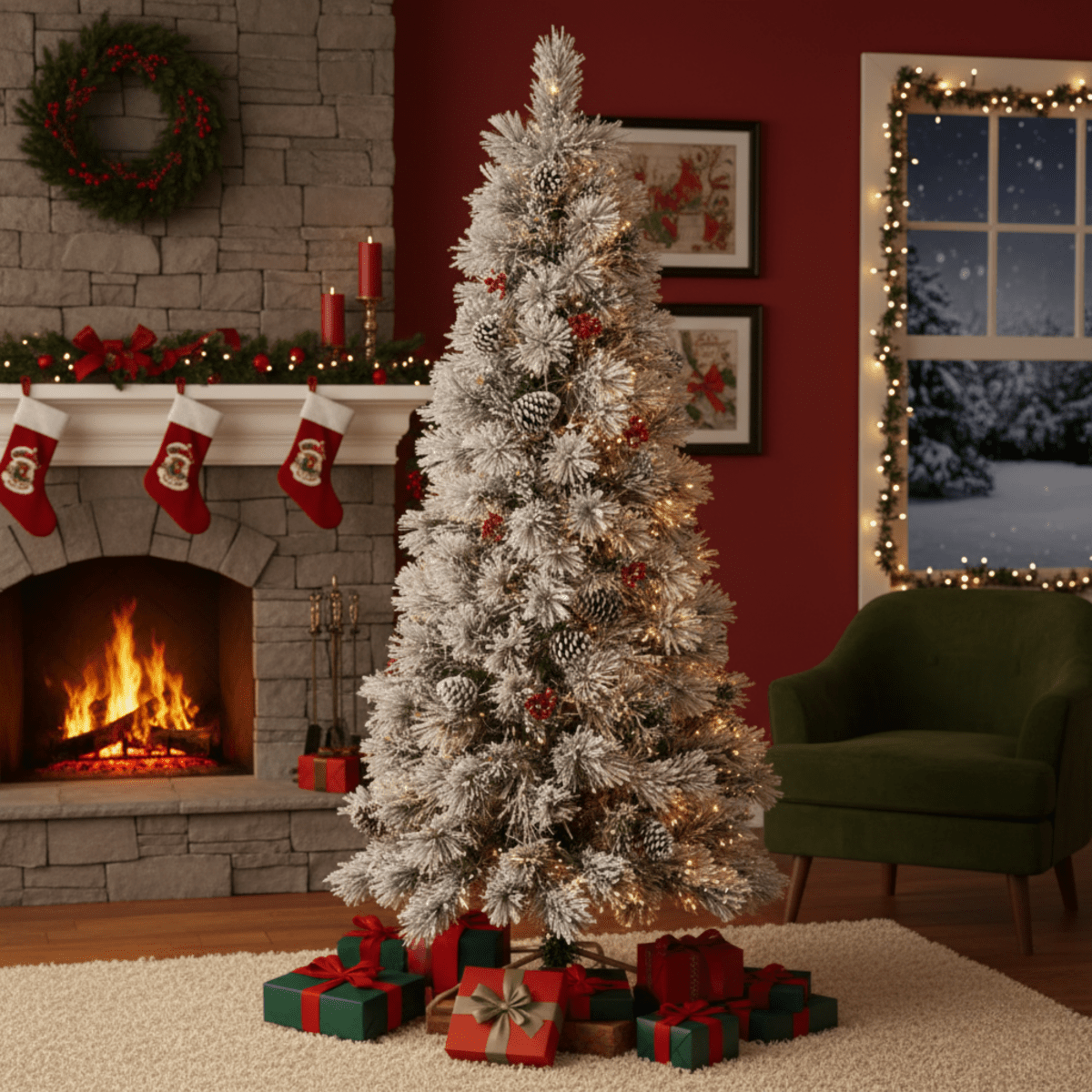 Albero di Natale innevato "Candore" con LED, bacche e pigne in PP Effetto aggi di pino + Flock cm 210h - MondoViro