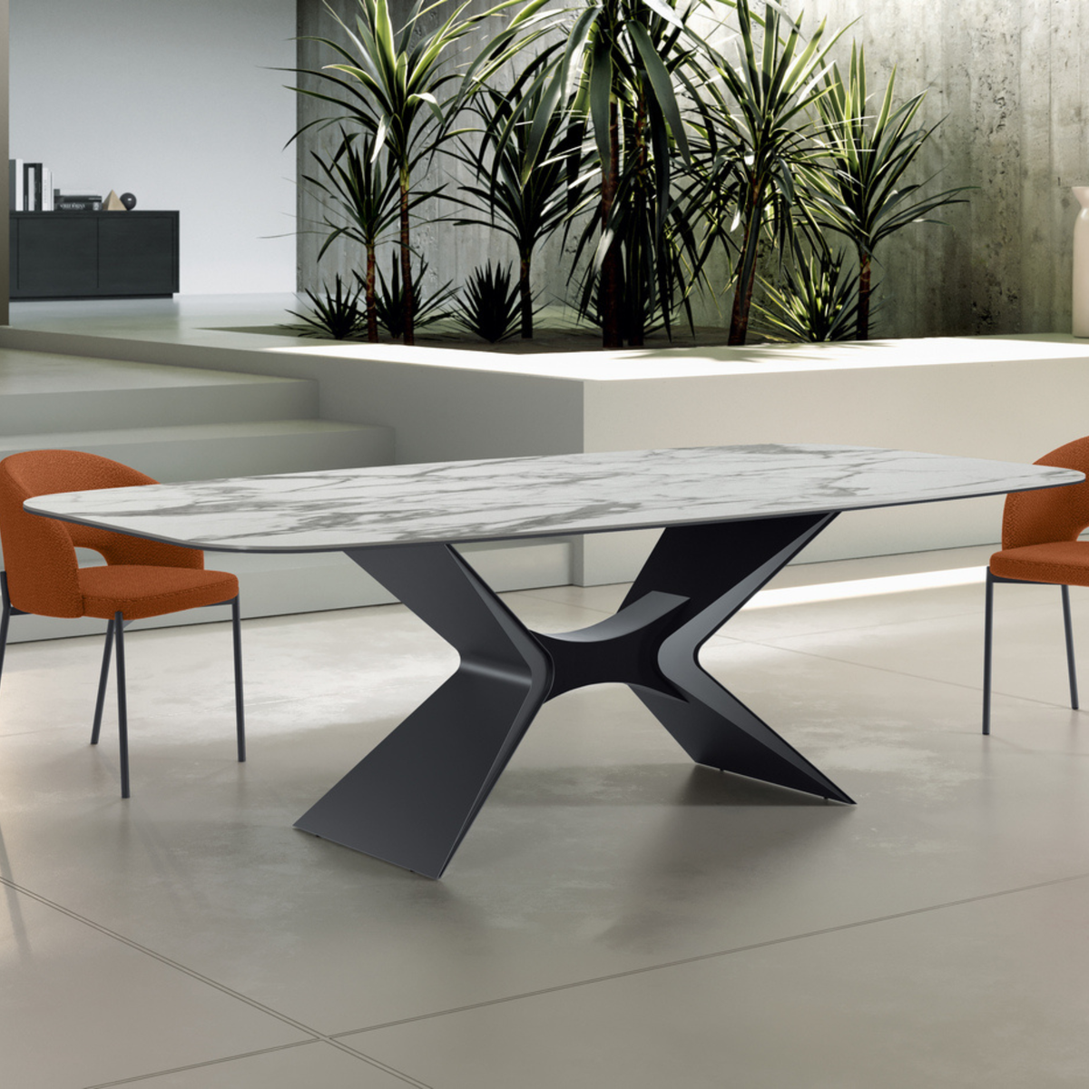 Tavolo fisso "Atlante" con top lucido in ceramica su vetro con struttura in metallo verniciato