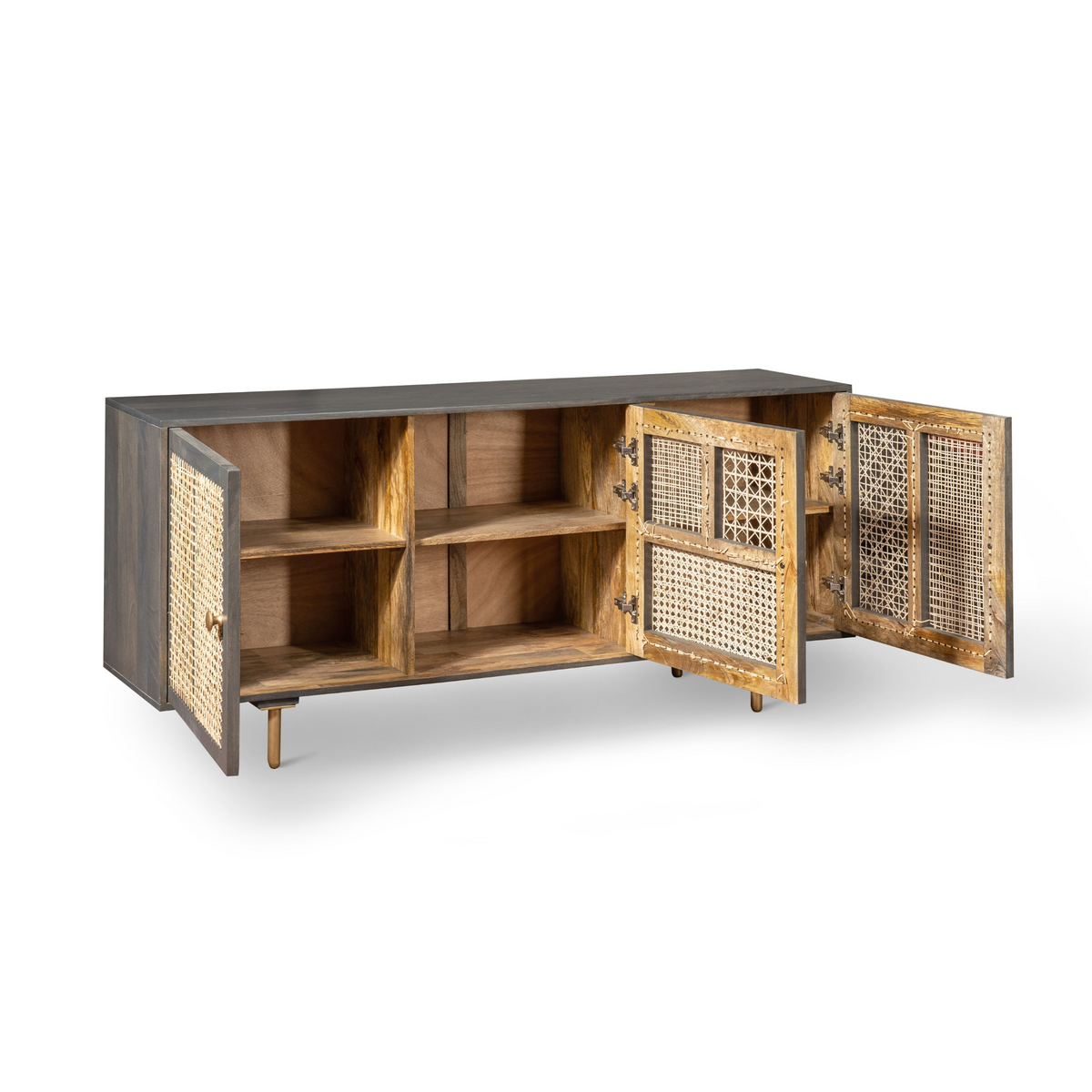 Madia design in legno di mango rattan "Ryan" 3 ante cm 160x38 75h