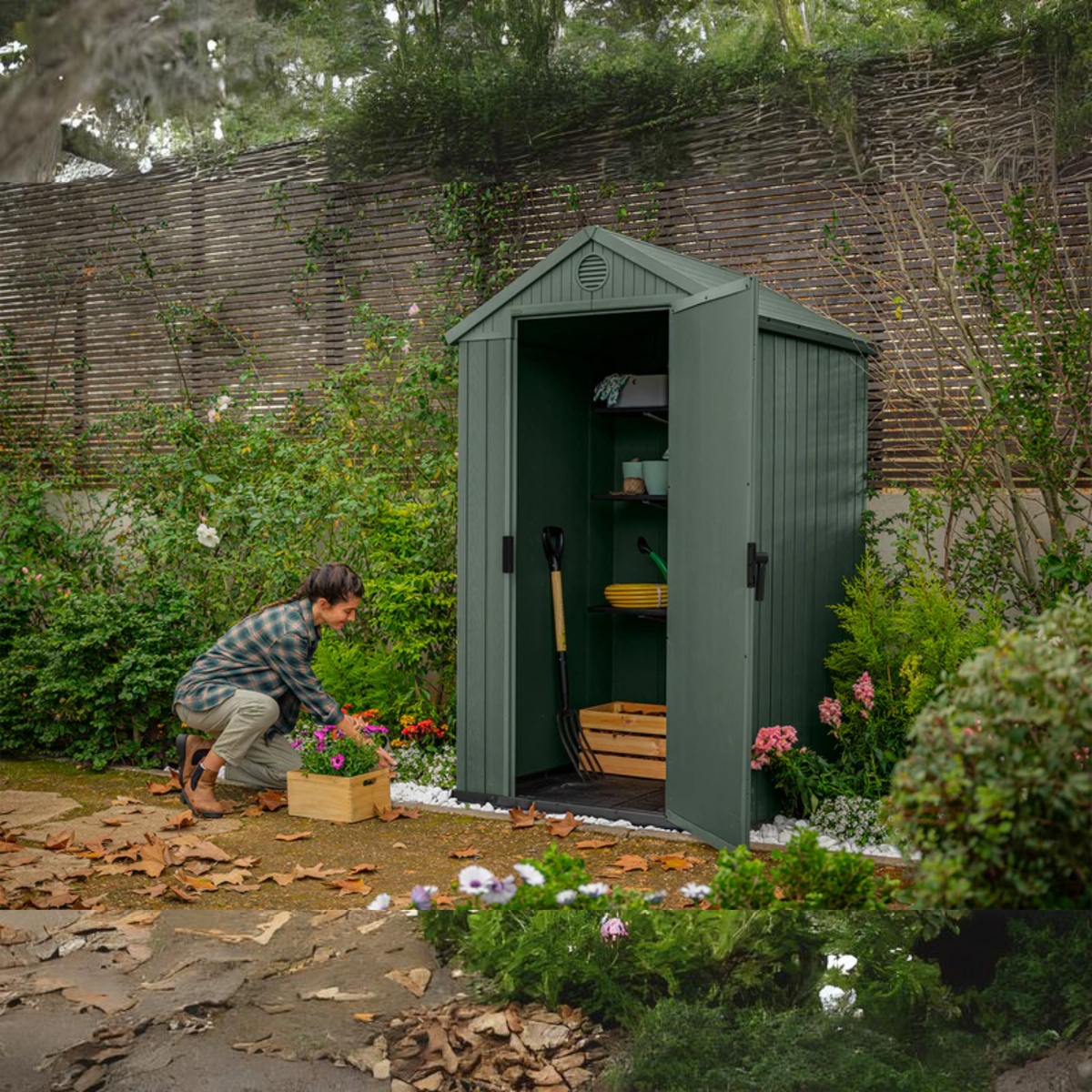 Casetta da giardino in resina "Serenity" rimessa verde effetto legno