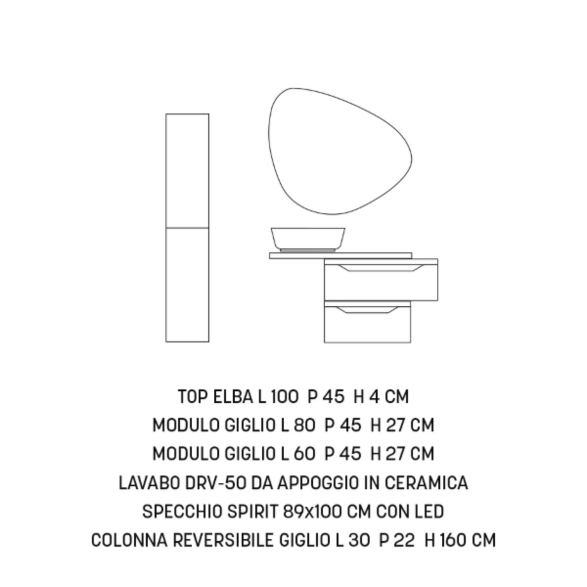 Mobile da bagno assemblato "Alaia" 2 cassetti specchio led lavabo e colonna