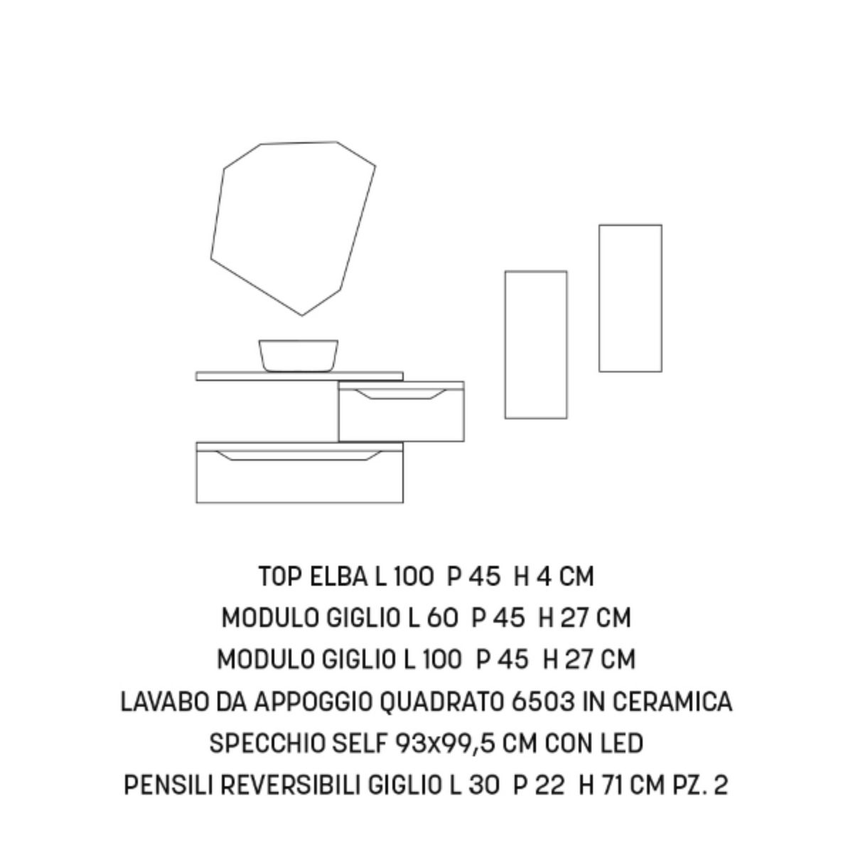 Mobile da bagno sospeso "Omar" 2 cassettoni e top con lavabo da appoggio e specchio LED