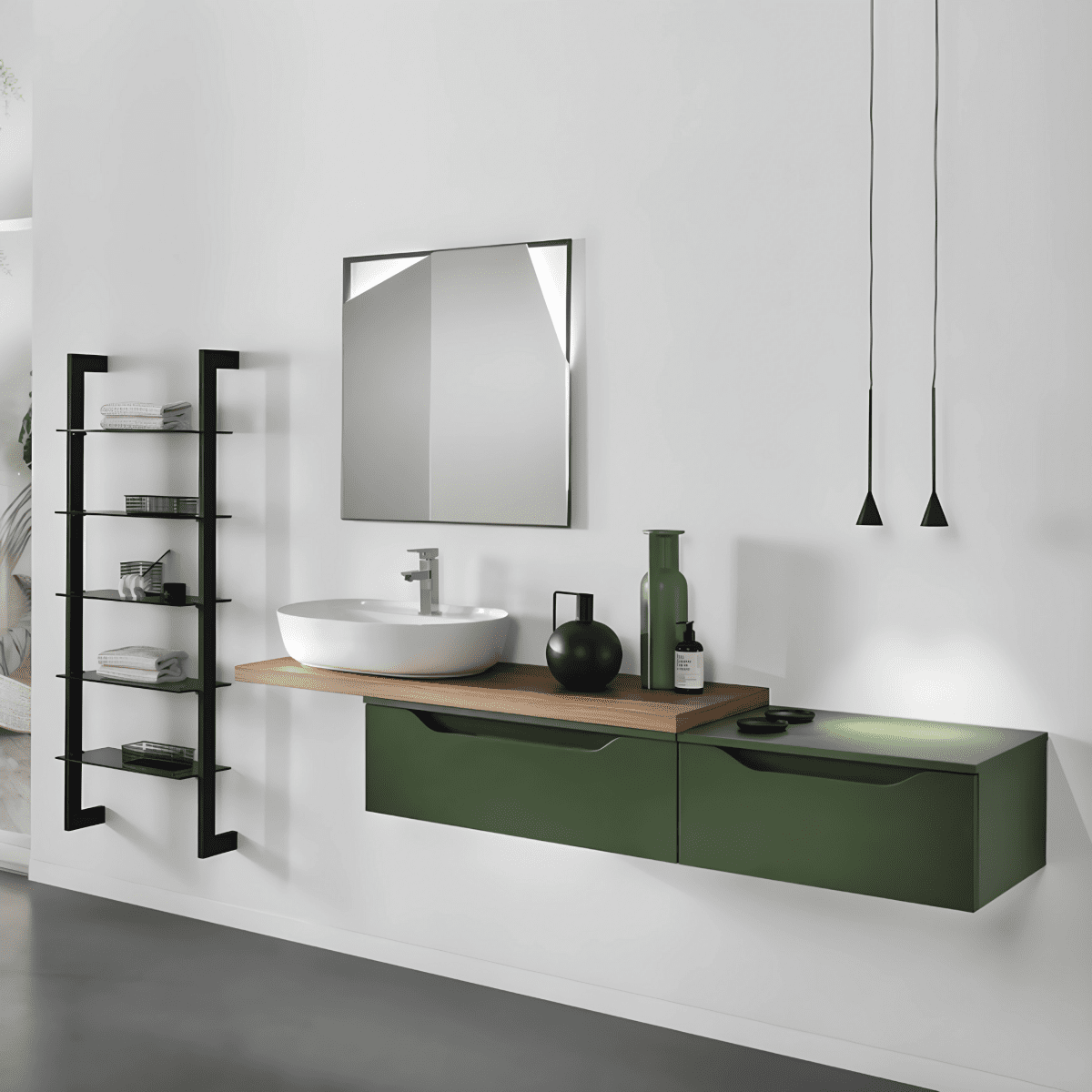 Mobile bagno sospeso "Lotus" 2 cassetti specchio lavabo Top scaletta step - MondoViro