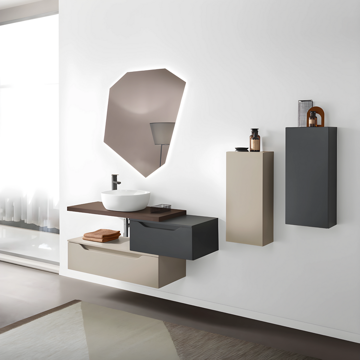 Mobile da bagno sospeso "Omar" 2 cassettoni e top con lavabo da appoggio e specchio LED