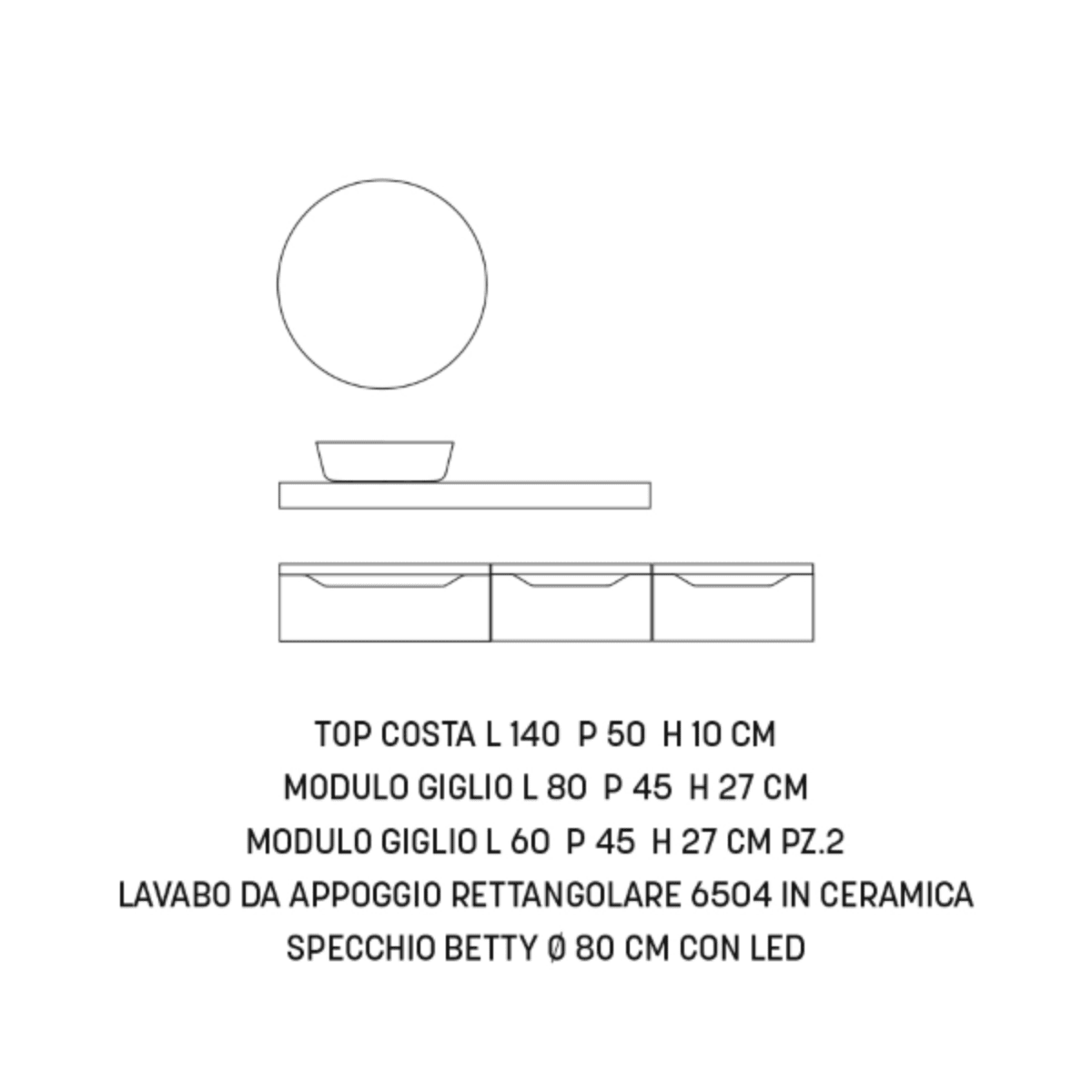 Mobile da bagno sospeso moderno "Elton" 3 cassetti lavabo da appoggio specchio Led - MondoViro