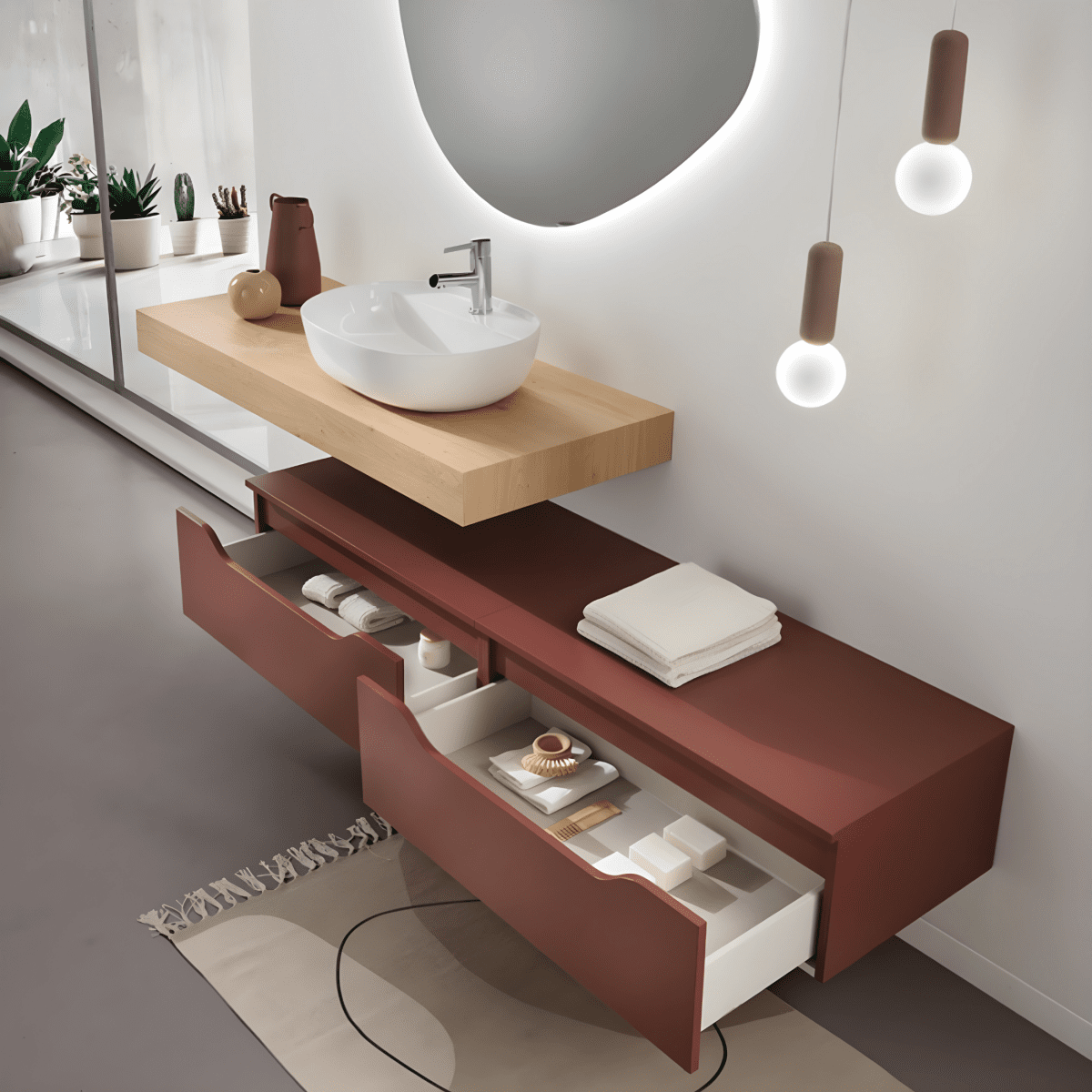 Mobile da bagno sospeso "Sheldon" moderno con doppio modulo top con lavabo - MondoViro