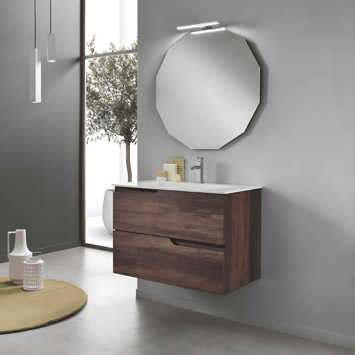 Mobile da bagno sospeso "Cuba" base 2 cassetti 80 cm con colonna specchio e lavabo TEK - MondoViro