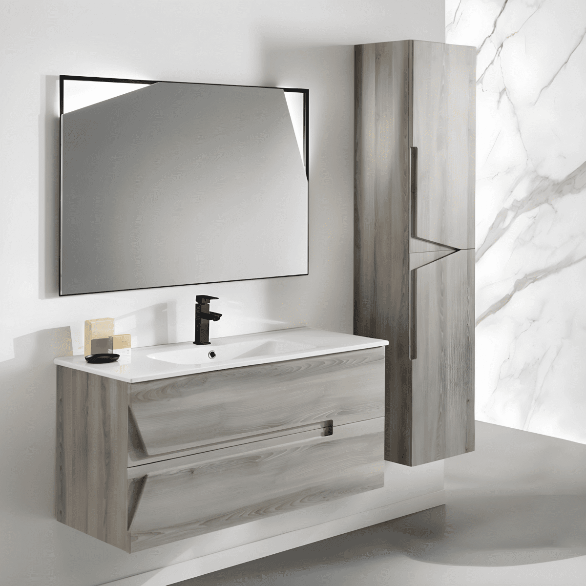 Mobile da bagno sospeso "Rivery" con 2 cassetti 2 ante specchio e lavabo - MondoViro