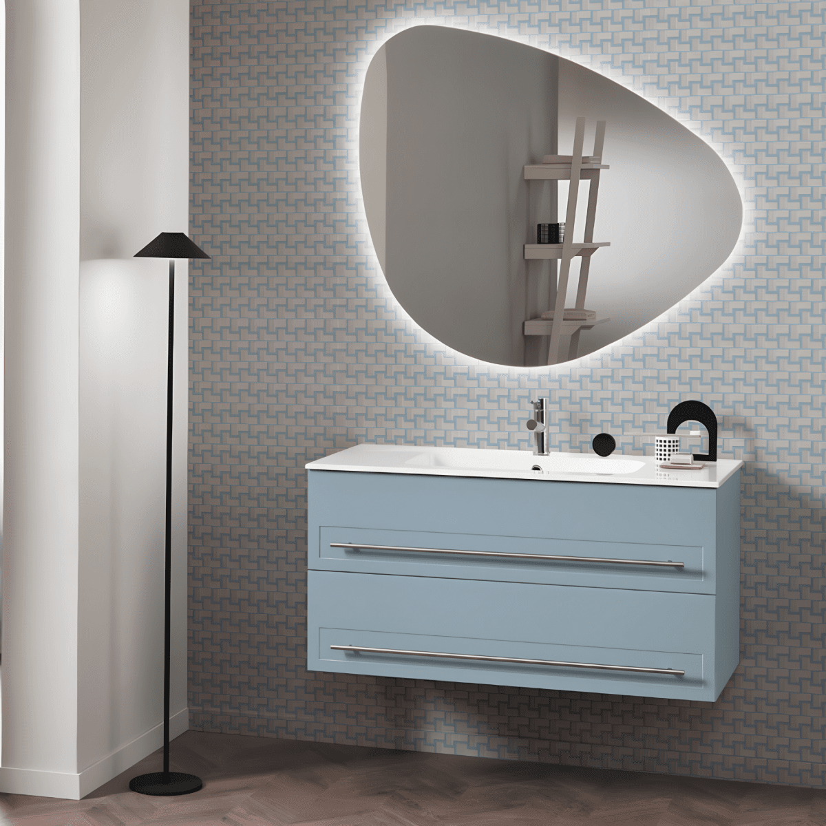 Mobile da bagno in legno 2 cassetti "Denim100" con lavabo e specchio Led - MondoViro