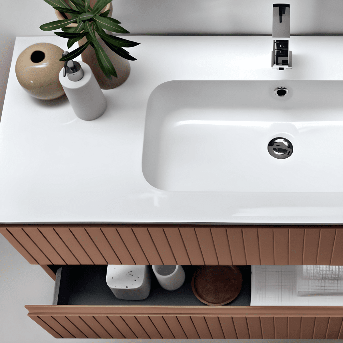 Mobile da bagno sospeso moderno "Planet120" con 2 cassetti lavabo e specchio Led - MondoViro