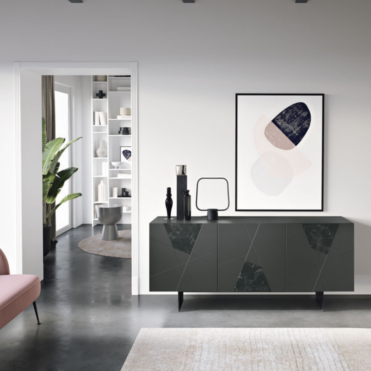 Madia moderna 3 ante "Adelaide" in legno inserti in vetro effetto marmo cm 180x50 80h