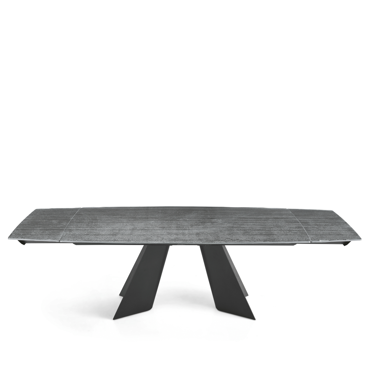 Tavolo allungabile "Maya" componibile in vetro rigato retroargentato con base in metallo cm 200/286x100 77h
