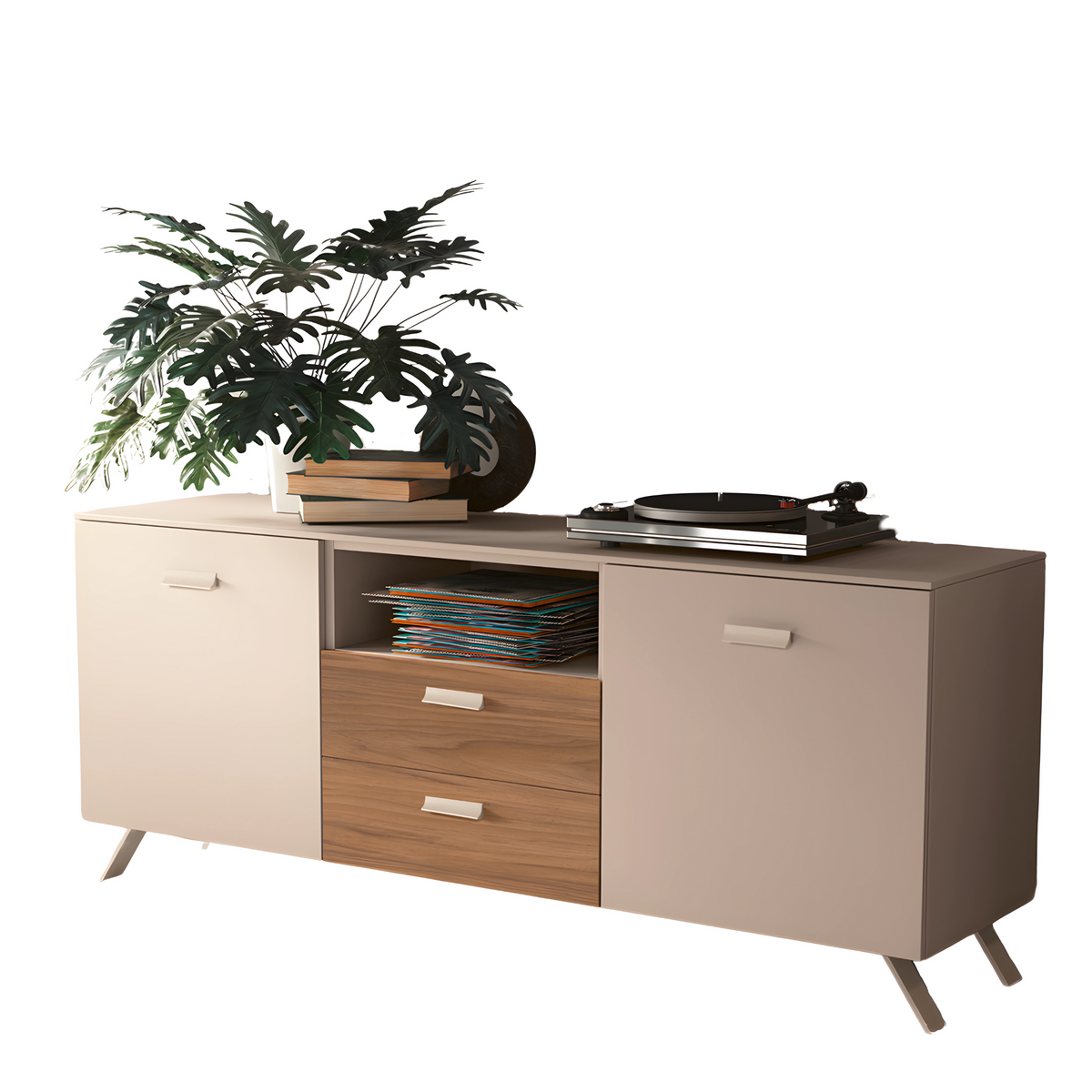 Madia moderna "Abaco" cashmere e noce con 2 ante 2 cassetti piede metallo verniciato cm 180x47,5 85h