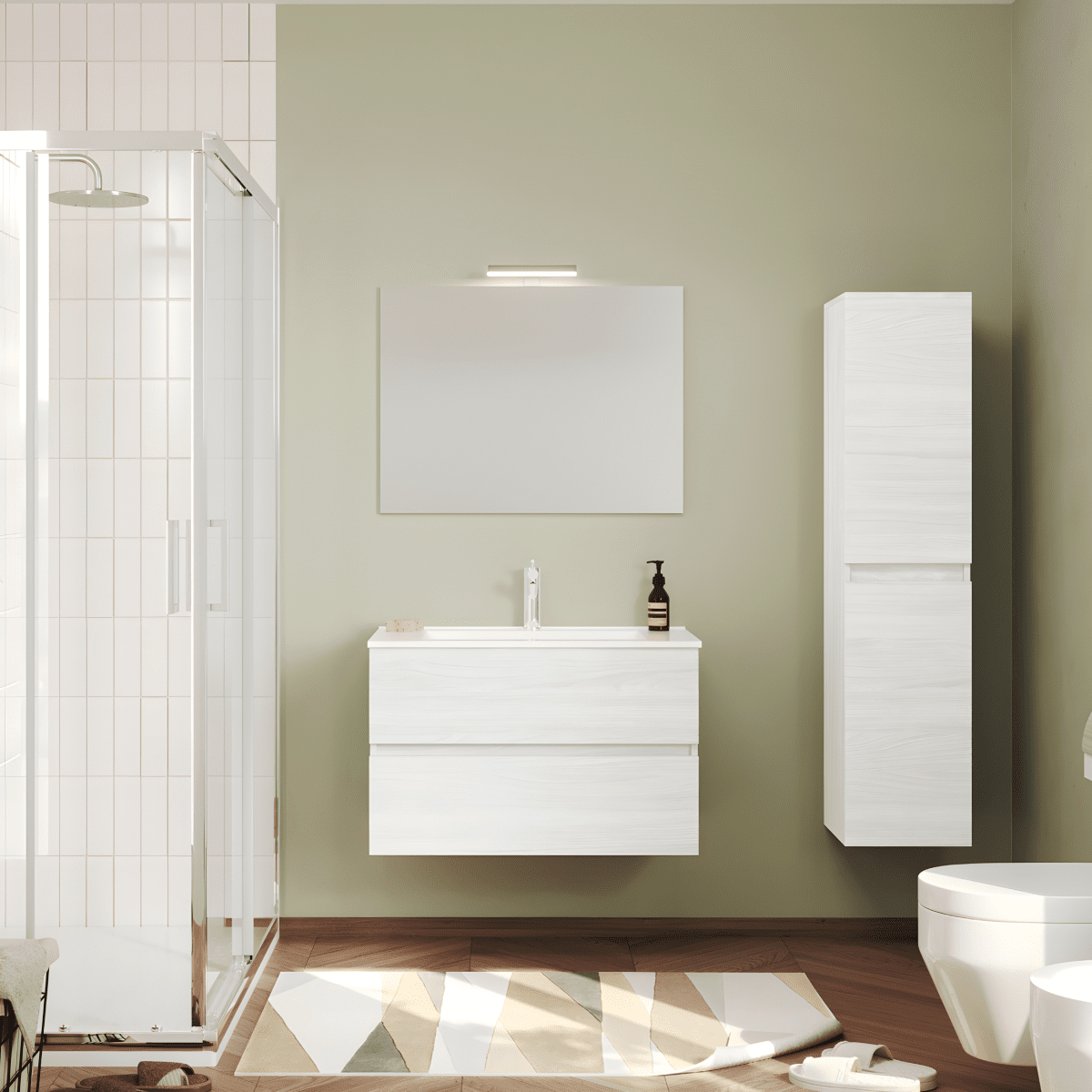 Mobili da bagno sospeso moderno "Tara" con 2 cassetti , lavabo da incasso e specchio LED - MondoViro