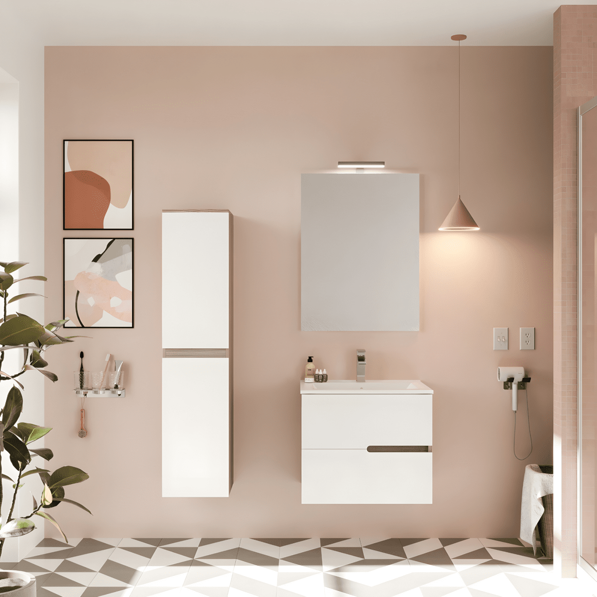 Mobile bagno sospeso moderno "Sara" in legno con 2 cassetti lavabo e specchio LED - MondoViro